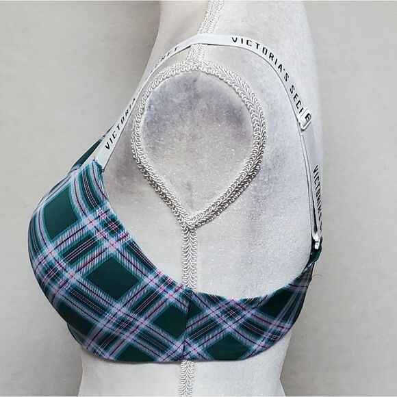 VICTORIA'S Secret Lightly Lined Wireless T-shirt Bra Green Pink Plaid Spell Out - Picture 5 of 12